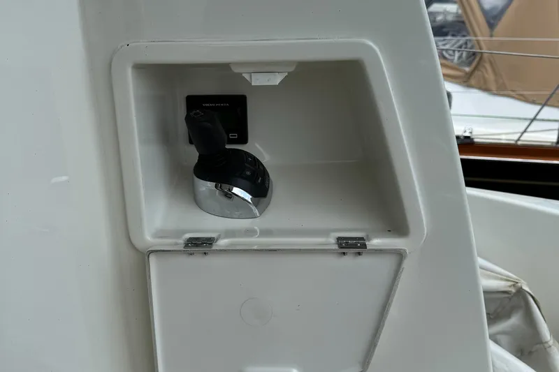  Yacht Photos Pics Control panel of a 2017 Prestige 420S Coupé yacht with Volvo Penta joystick.