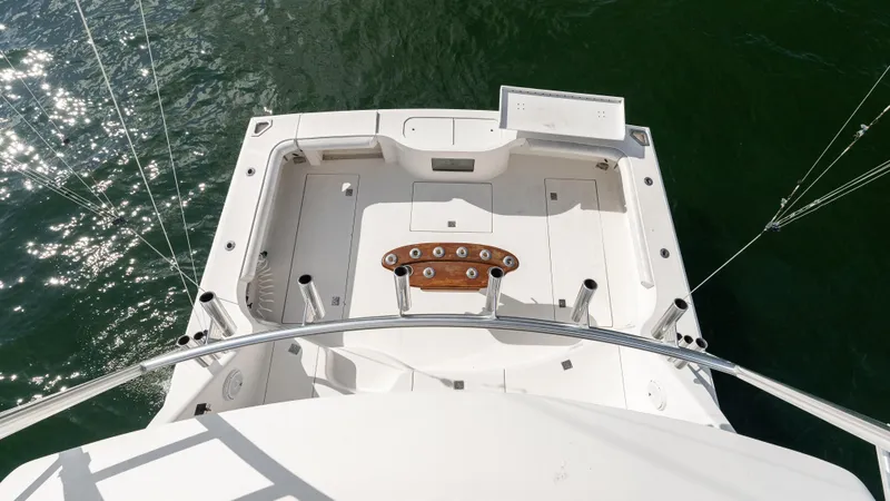 Life Of Reilly 2.0 Yacht Photos Pics Aerial view of 2012 Cabo 44 HTX yacht deck on water.