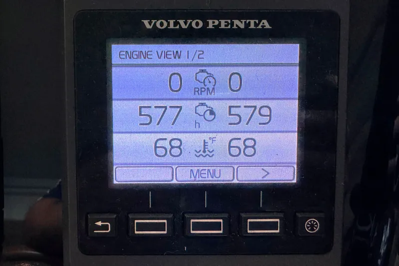  Yacht Photos Pics Volvo Penta engine display on 2016 Beneteau Gran Turismo 40, showing RPM and temperature.