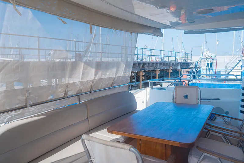 Odeya Yacht Photos Pics Luxurious 2004 Princess 82 Motor Yacht with elegant outdoor seating and dining area.