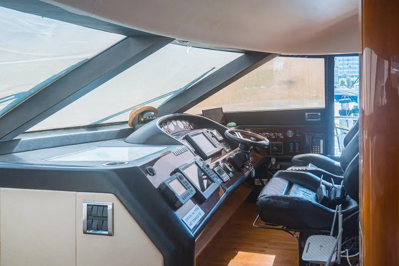 Odeya Yacht Photos Pics Cockpit of 2004 Princess 82 Motor Yacht with modern navigation equipment and leather seating.