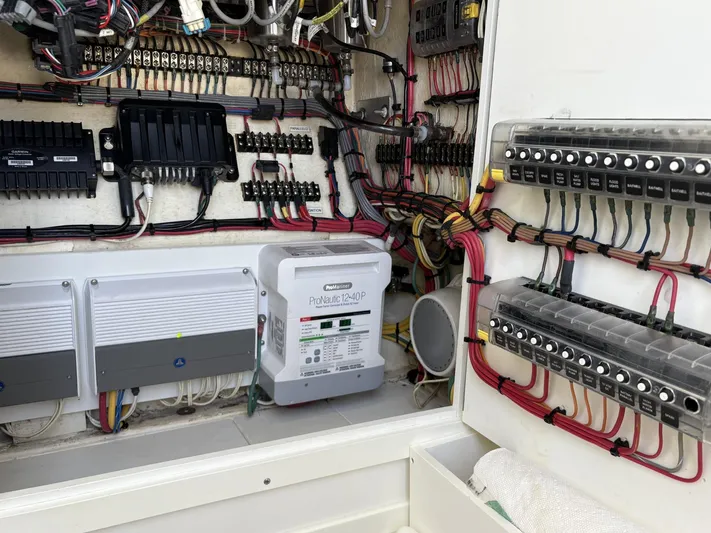  Yacht Photos Pics 2018 SeaVee 340Z electrical system with wiring and control panels.