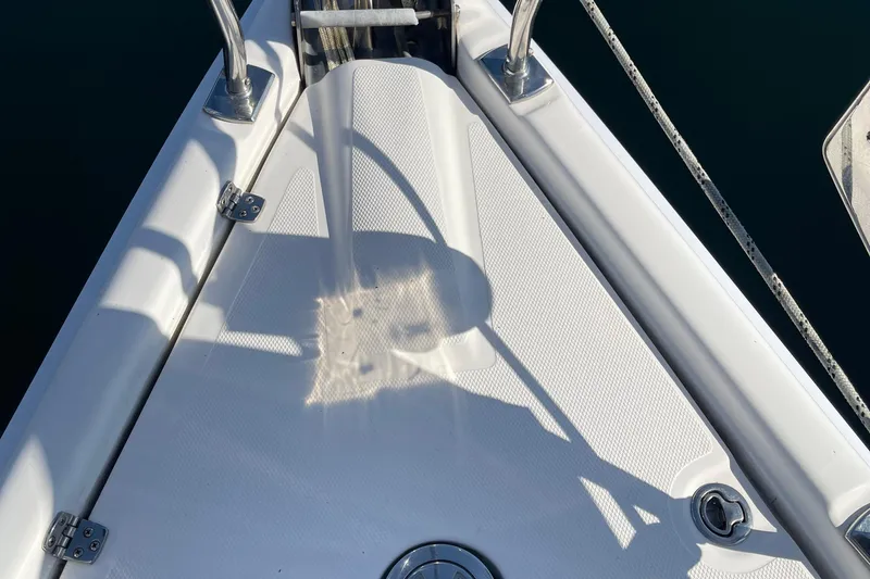  Yacht Photos Pics Deck of 2008 Hunter 49 sailboat with stainless steel fittings and textured surface.