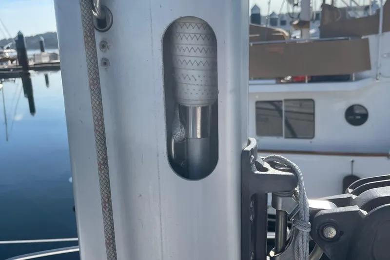  Yacht Photos Pics Close-up of a 2008 Hunter 49 sailboat mast with rigging details.