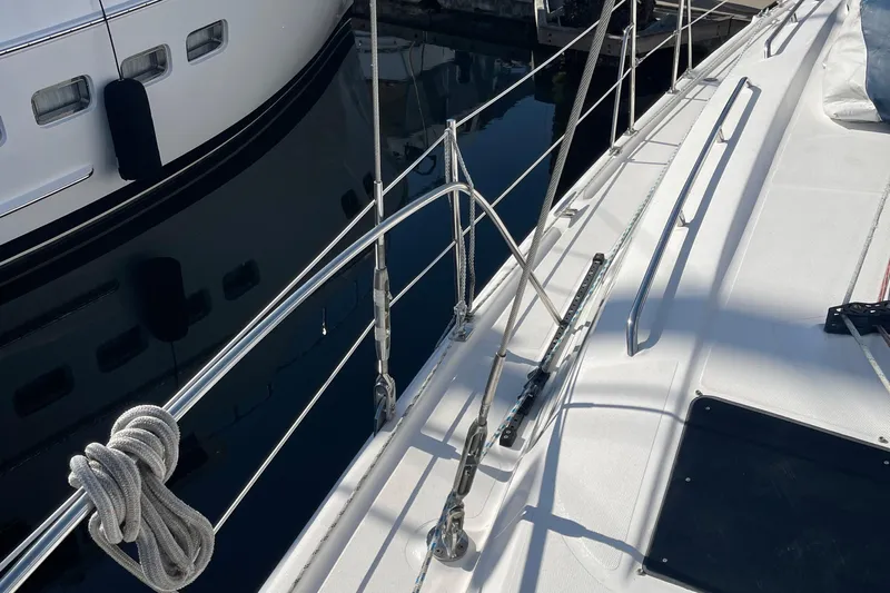  Yacht Photos Pics Deck of a 2008 Hunter 49 sailboat with stainless steel railings.