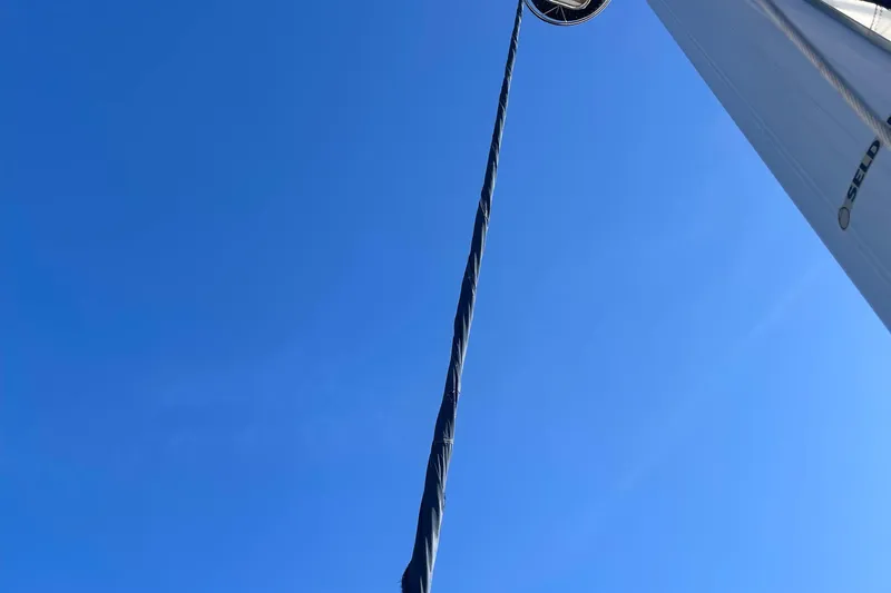  Yacht Photos Pics Sailboat mast and rigging against clear blue sky, Hunter 49, 2008 model.