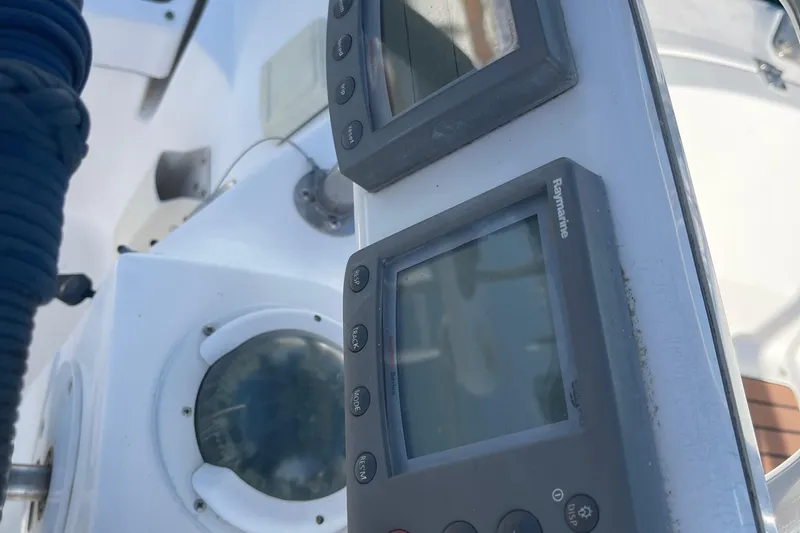  Yacht Photos Pics Close-up of Raymarine navigation instruments on a 2008 Hunter 49 sailboat.