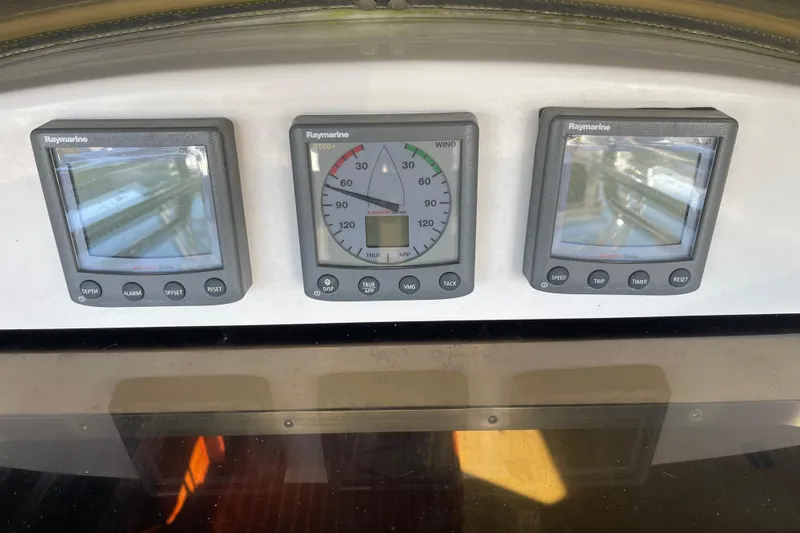  Yacht Photos Pics Raymarine instruments on 2008 Hunter 49 yacht dashboard, displaying navigation data.