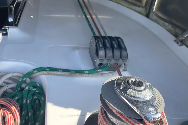  Yacht Photos Pics Deck of 2008 Hunter 49 sailboat with winch and ropes.