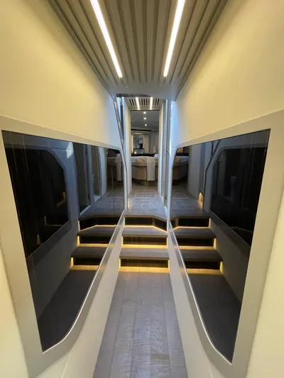  Yacht Photos Pics Interior of 2019 Absolute 62 Fly yacht with modern design and ambient lighting.