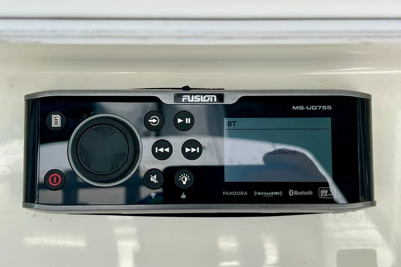 Redemption Yacht Photos Pics Fusion MS-UD755 stereo system on 2012 Regulator 34SS boat dashboard.