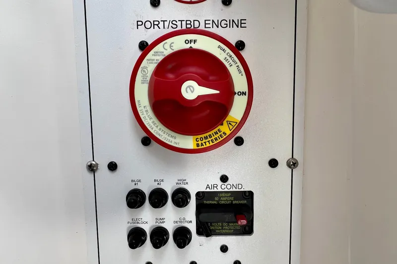 Redemption Yacht Photos Pics Control panel of a 2012 Regulator 34SS boat with engine and bilge switches.
