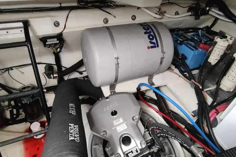 Me Yacht Photos Pics Engine room of 2021 Regal 42 Fly yacht with Volvo Penta components and Isotemp water heater.