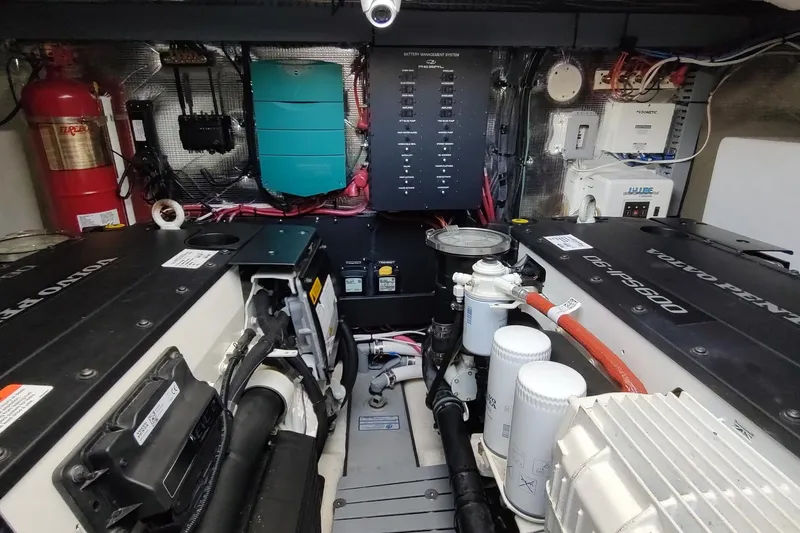 Me Yacht Photos Pics Engine room of 2021 Regal 42 Fly yacht with Volvo Penta engines and electrical systems.