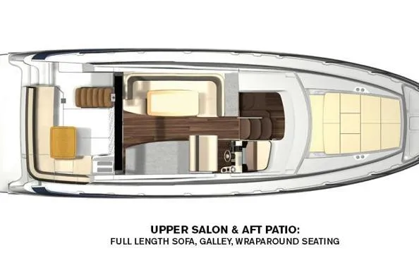 Me Yacht Photos Pics 2021 Regal 42 Fly yacht layout with upper salon, full-length sofa, galley, and wraparound seating.