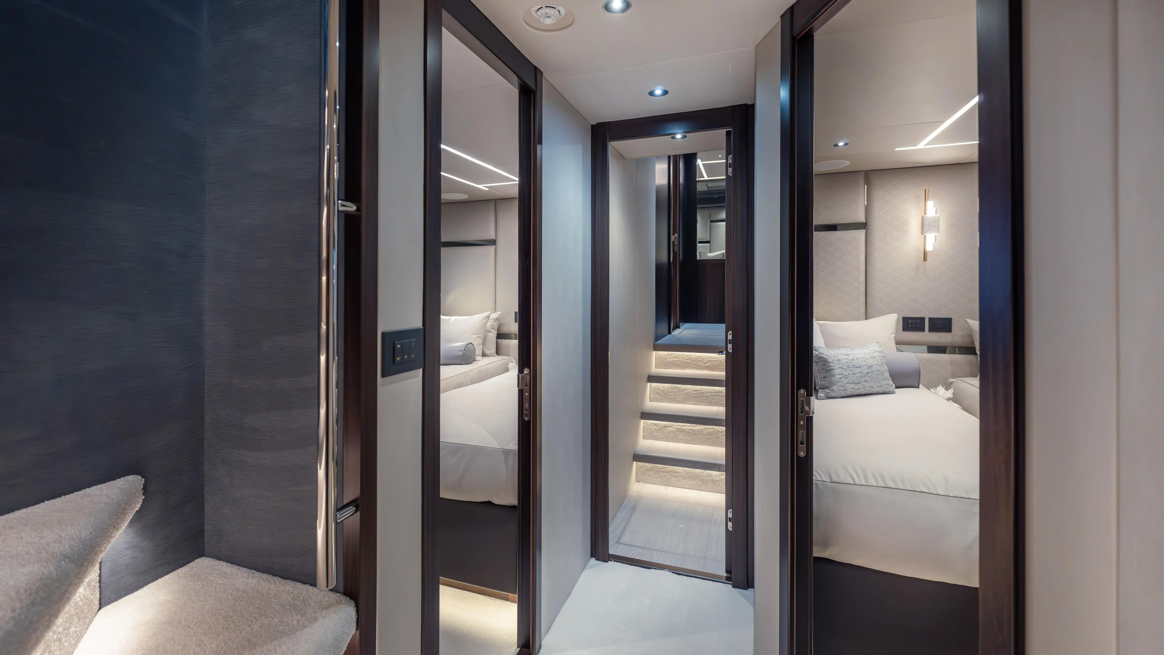 Hideout Yacht Photos Pics Luxurious interior of 2025 Sunseeker 88 Yacht, featuring elegant bedrooms and modern design.