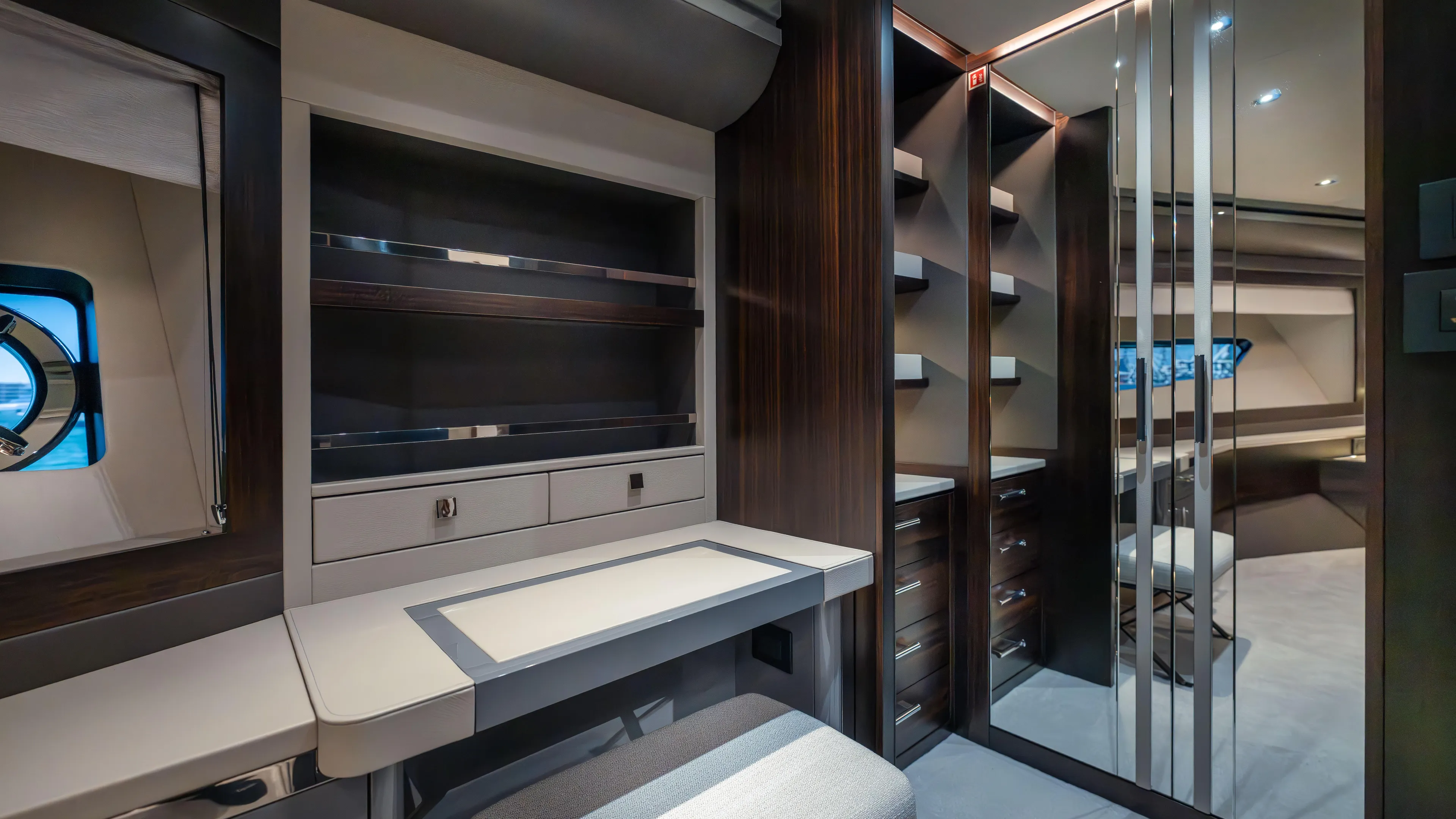 Hideout Yacht Photos Pics Luxurious interior of 2025 Sunseeker 88 Yacht with elegant wood finishes and modern design.