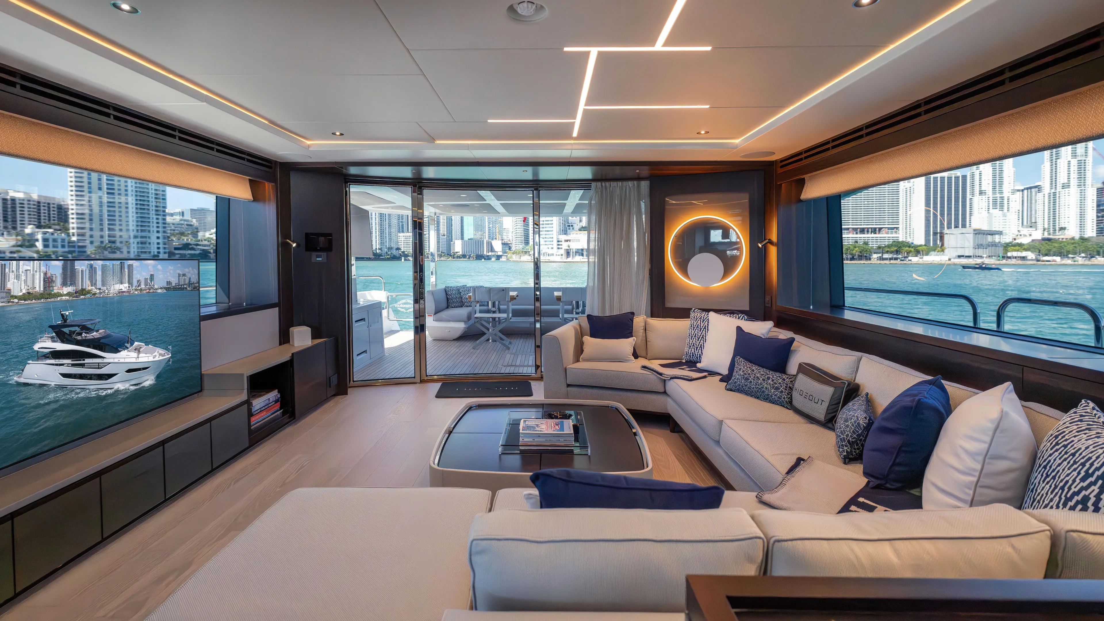 Hideout Yacht Photos Pics Luxurious interior of 2025 Sunseeker 88 Yacht with modern design and waterfront views.