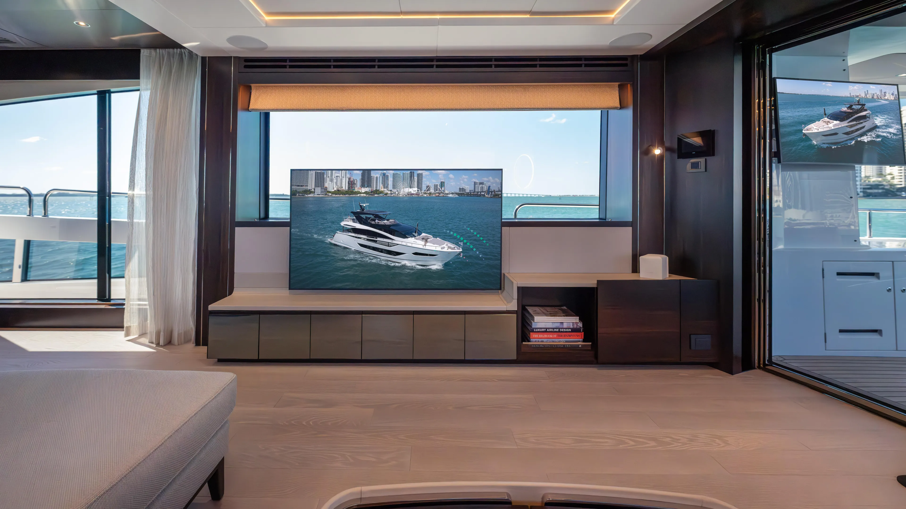 Hideout Yacht Photos Pics Luxurious interior of 2025 Sunseeker 88 Yacht with ocean view and modern amenities.