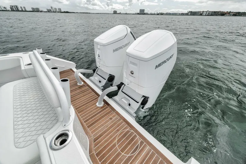  Yacht Photos Pics Jupiter 40 boat with dual Mercury outboard engines on water, 2023 model.