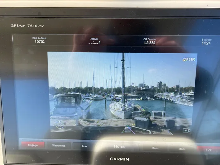  Yacht Photos Pics Garmin GPS display on 2016 Grady-White Freedom 335, showing marina view.