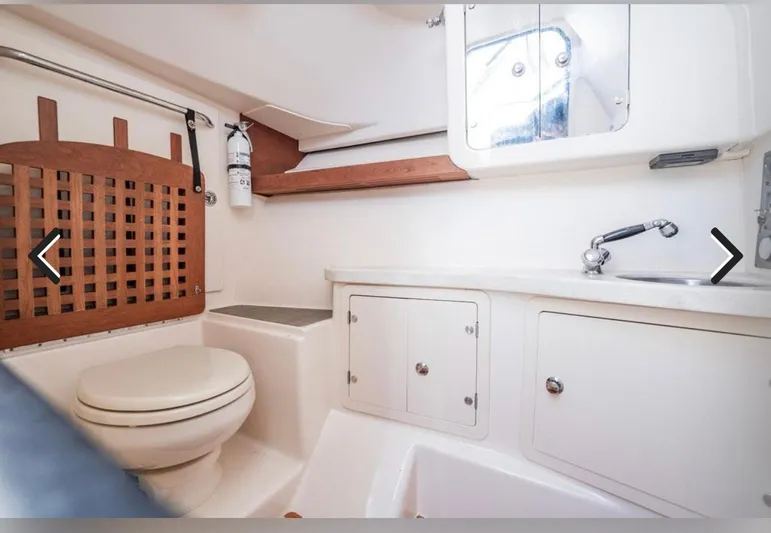  Yacht Photos Pics 2016 Grady-White Freedom 335 boat bathroom with toilet, sink, and storage cabinets.