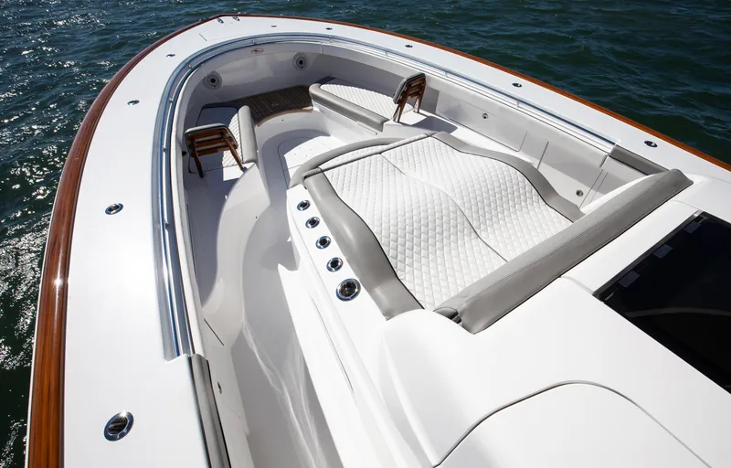 Code Blu Yacht Photos Pics 2022 Valhalla Boatworks 46 Center Console, luxurious seating, sleek design on water.