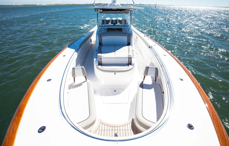 Code Blu Yacht Photos Pics 2022 Valhalla Boatworks 46 Center Console on open water, showcasing spacious deck and seating.
