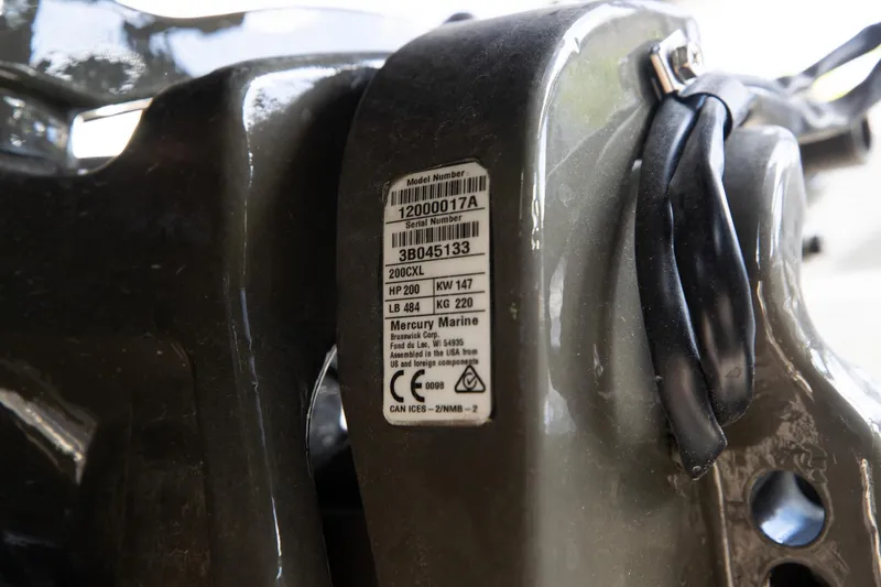 Airship 310 Yacht Photos Pics Close-up of Mercury Marine engine label on 2023 Airship 310 model.