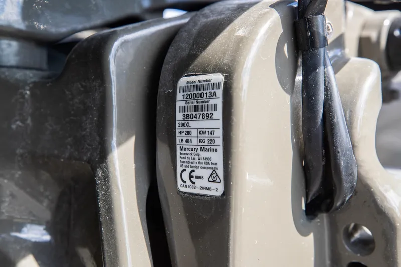 Airship 310 Yacht Photos Pics Close-up of Mercury Marine engine label on 2023 Airship 310 model.