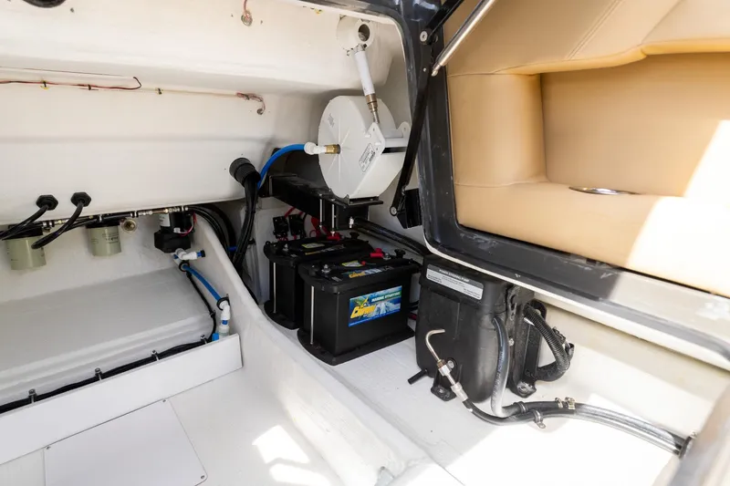 Airship 310 Yacht Photos Pics Interior view of 2023 Airship 310 boat showing battery and wiring setup.