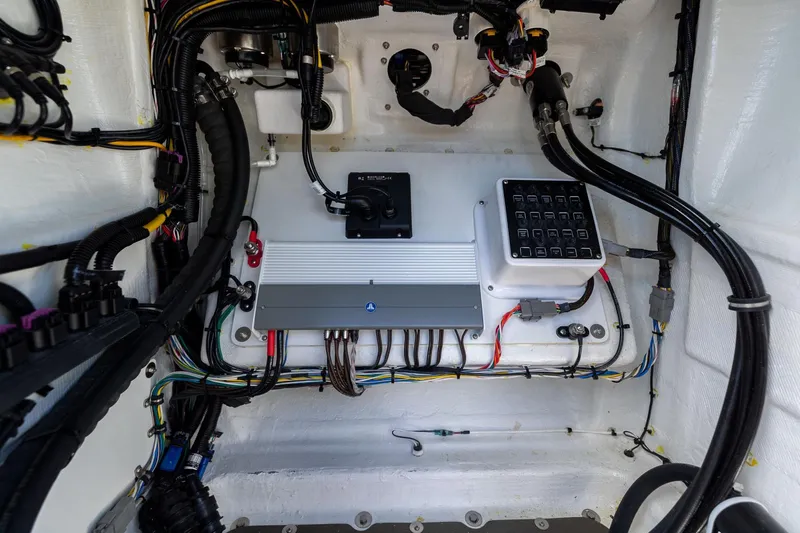 Airship 310 Yacht Photos Pics Electrical system inside 2023 Airship 310 model, showcasing wiring and control panel.