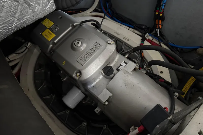  Yacht Photos Pics Engine compartment of a 2015 Absolute 56 FLY yacht, featuring Volvo Penta components.
