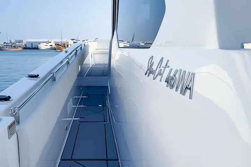  Yacht Photos Pics Side view of 2026 SilverCAT 46WA yacht docked at marina.