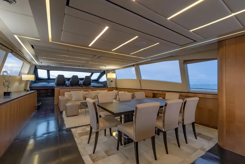 Le Caprice IV Yacht Photos Pics Luxurious interior of 2011 Pershing 108 yacht with elegant dining area and modern design.