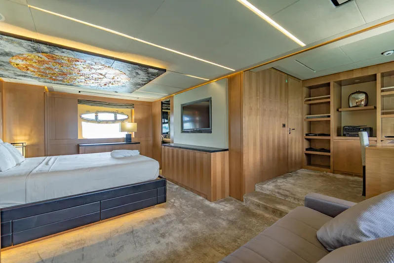 Le Caprice IV Yacht Photos Pics Luxurious interior of 2011 Pershing 108 yacht with modern design and elegant furnishings.