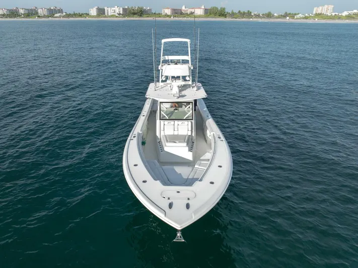  Yacht Photos Pics 2016 Yellowfin 42 boat on open water, aerial view.