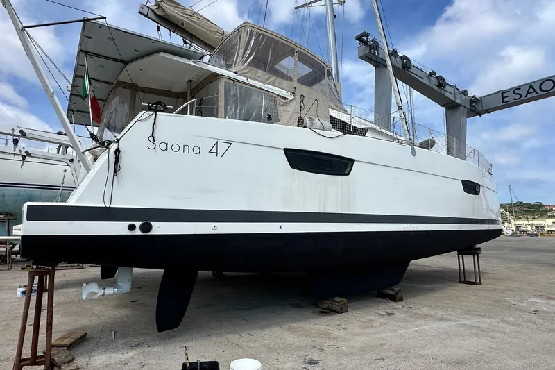  Yacht Photos Pics 2021 Fountaine Pajot Saona 47 catamaran on dry dock, ready for maintenance.