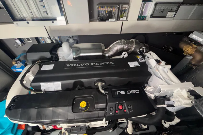  Yacht Photos Pics Engine room of 2023 Absolute 60 Fly yacht featuring Volvo Penta IPS 950 engine.