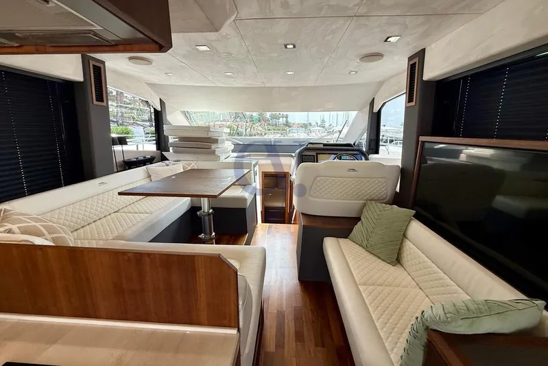  Yacht Photos Pics Luxurious interior of 2022 Galeon 460 Fly yacht with elegant seating and modern design.