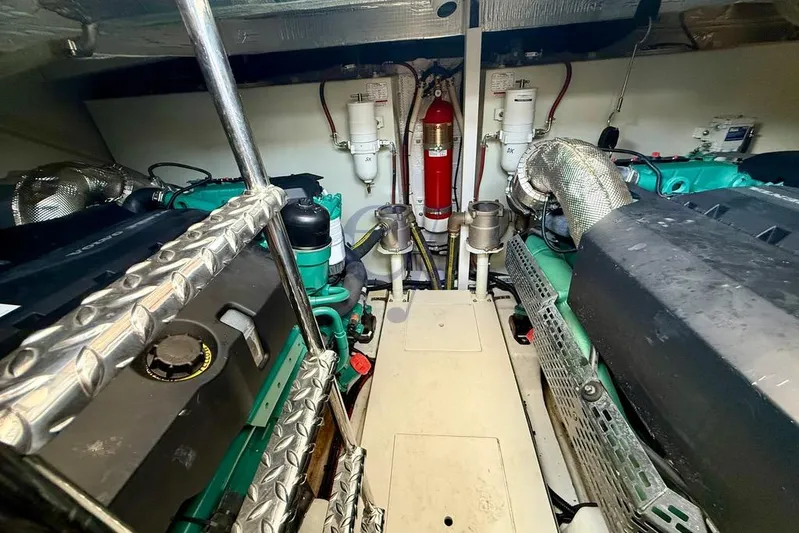  Yacht Photos Pics Engine room of 2022 Galeon 460 Fly yacht, showcasing mechanical components and systems.