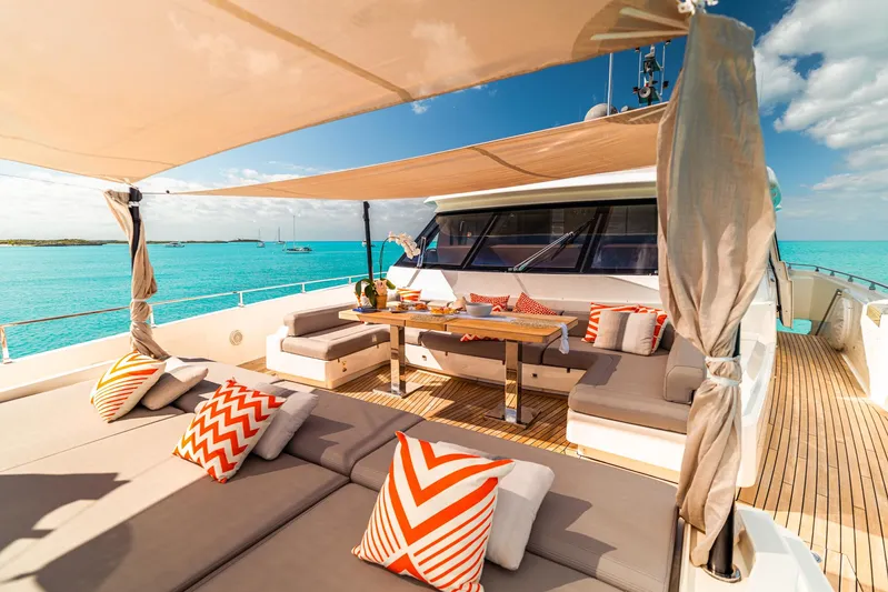 Fifi Yacht Photos Pics Luxurious 2018 Custom Line Navetta 33 yacht deck with stylish seating and ocean view.