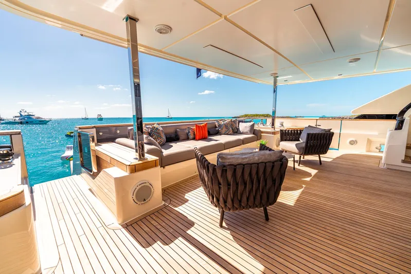 Fifi Yacht Photos Pics Luxurious 2018 Custom Line Navetta 33 yacht deck with elegant seating and ocean view.