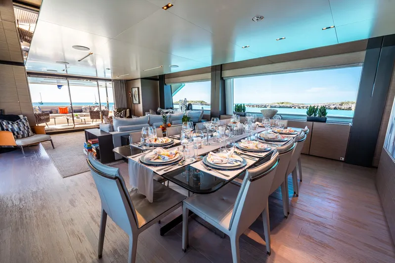 Fifi Yacht Photos Pics Luxurious dining area on 2018 Custom Line Navetta 33 yacht with ocean view.
