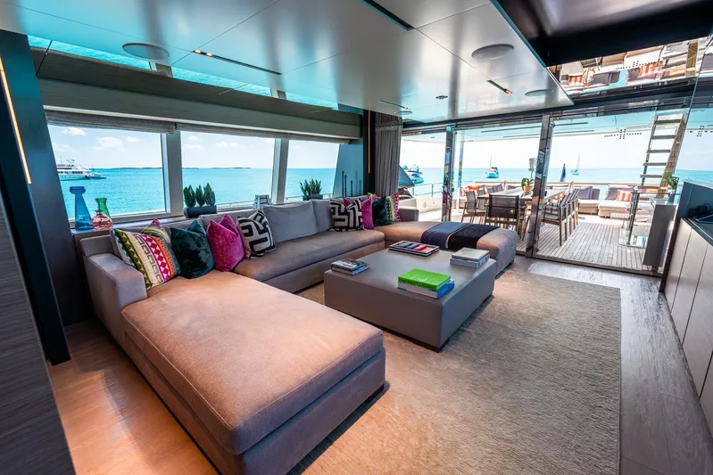 Fifi Yacht Photos Pics Luxurious interior of 2018 Custom Line Navetta 33 yacht with ocean view and modern decor.