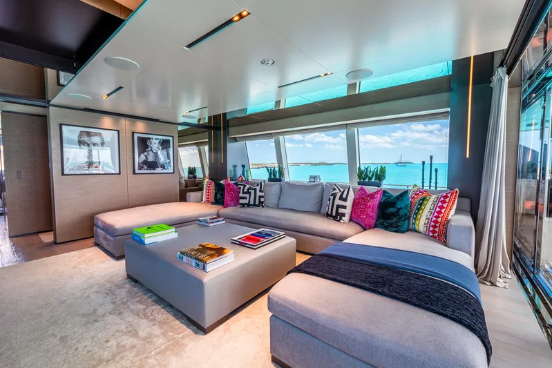 Fifi Yacht Photos Pics Luxurious interior of 2018 Custom Line Navetta 33 yacht with modern decor and ocean view.