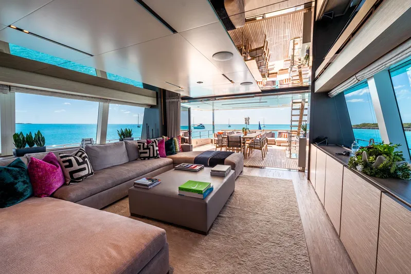 Fifi Yacht Photos Pics Luxurious interior of 2018 Custom Line Navetta 33 yacht with ocean view.