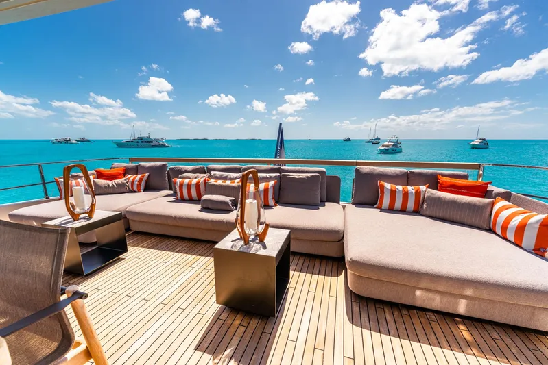 Fifi Yacht Photos Pics Luxurious deck of 2018 Custom Line Navetta 33 yacht with ocean view and plush seating.