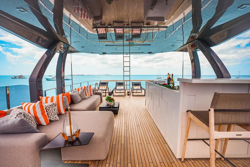 Fifi Yacht Photos Pics Luxurious 2018 Custom Line Navetta 33 yacht interior with stylish seating and ocean view.