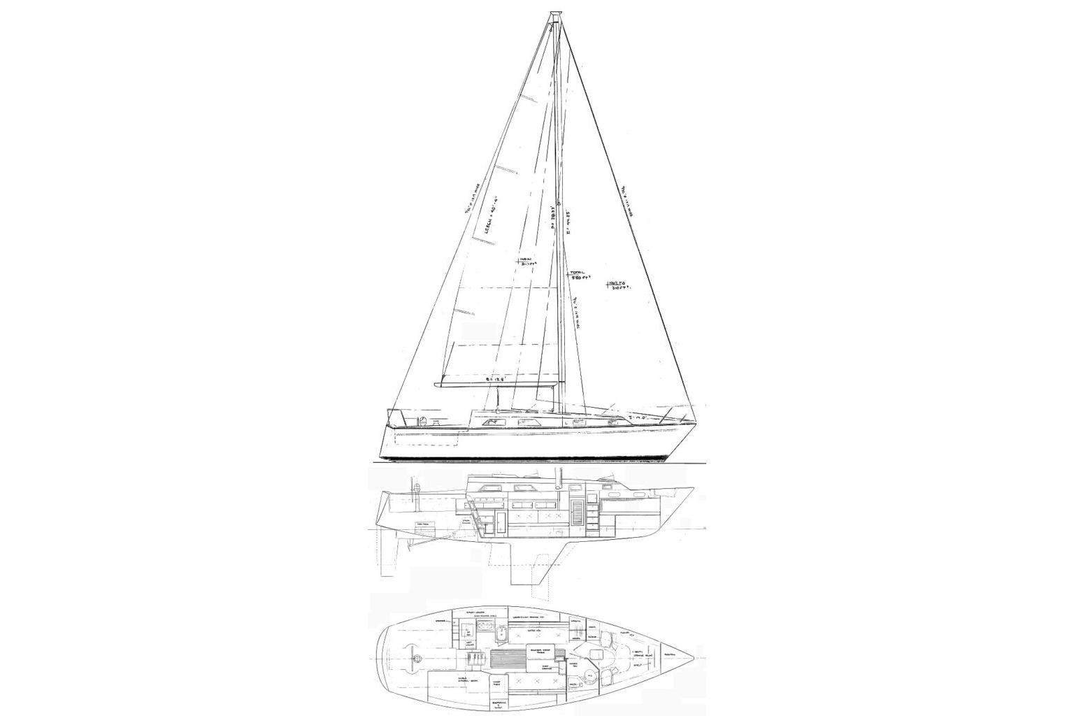 Blueprint of 1984 Pearson 34 sailboat, showing side and top views with detailed layout.